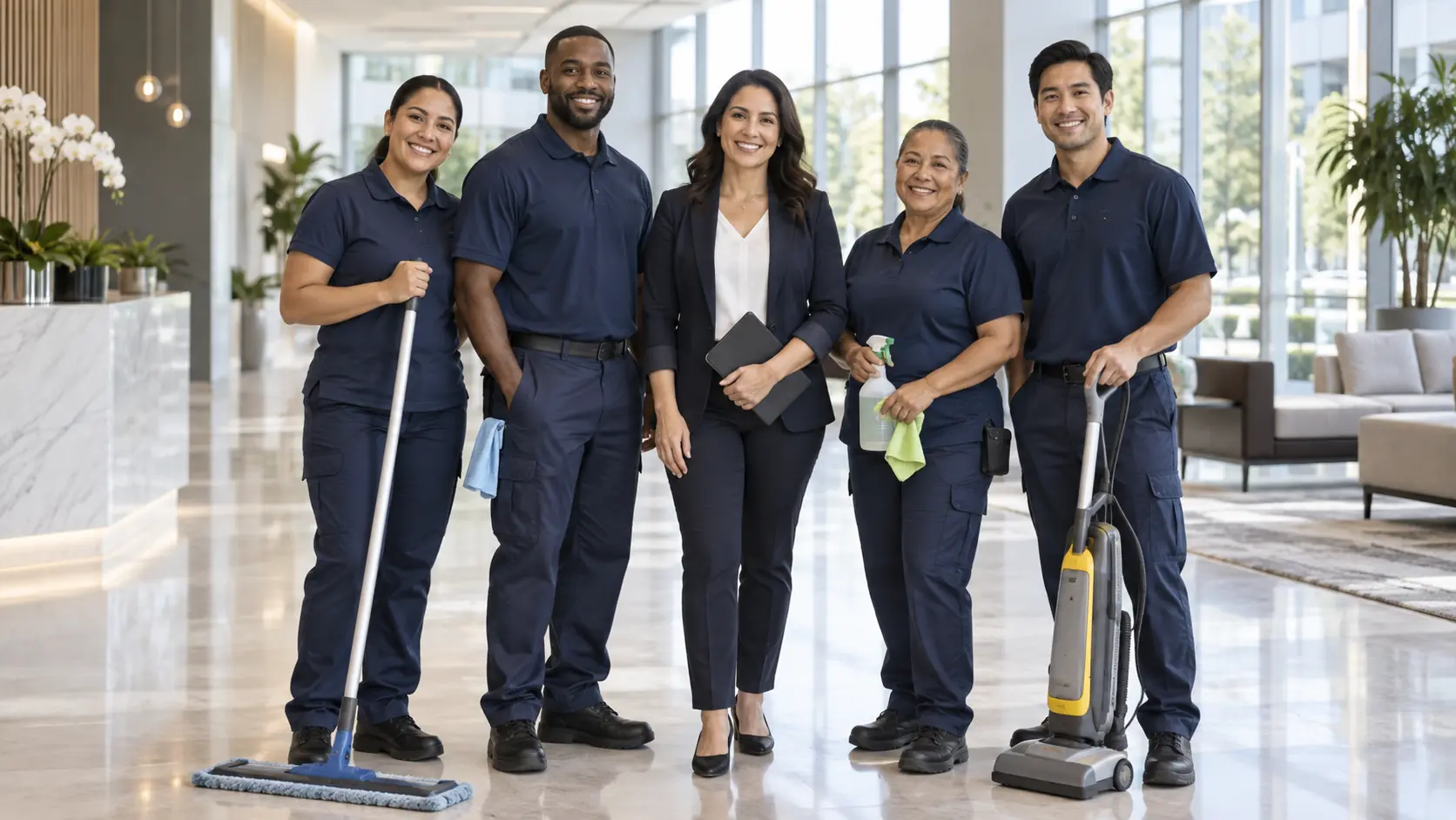 The Clean and Pristine team standing together in a modern commercial facility