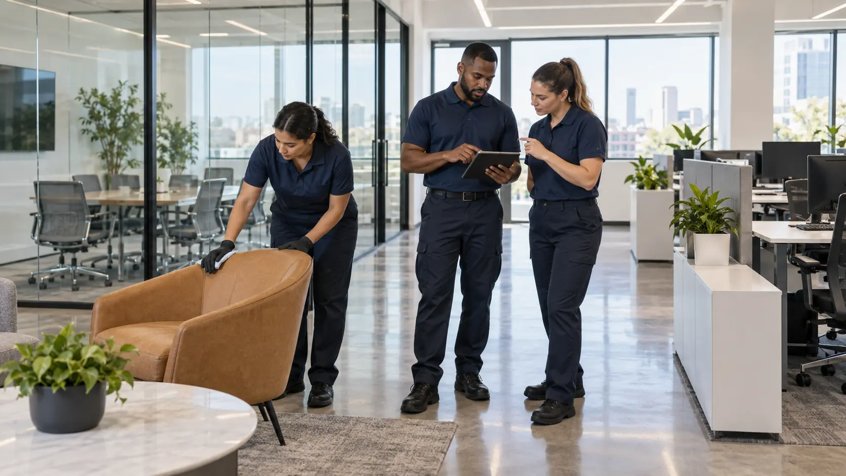Commercial cleaning professionals conducting a facility assessment and quality inspection