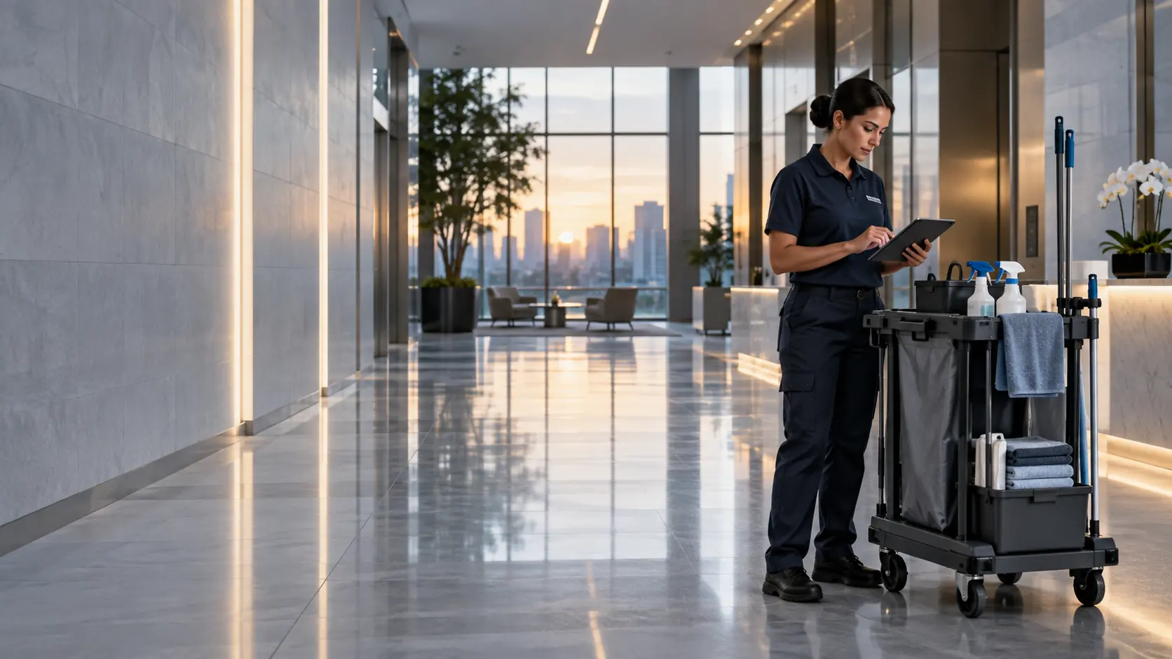 A commercial cleaning professional preparing equipment and reviewing a service checklist
